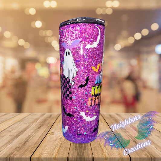 20 OZ Full Pink Glittered Ghost Spooky N Cute Halloween Tumbler