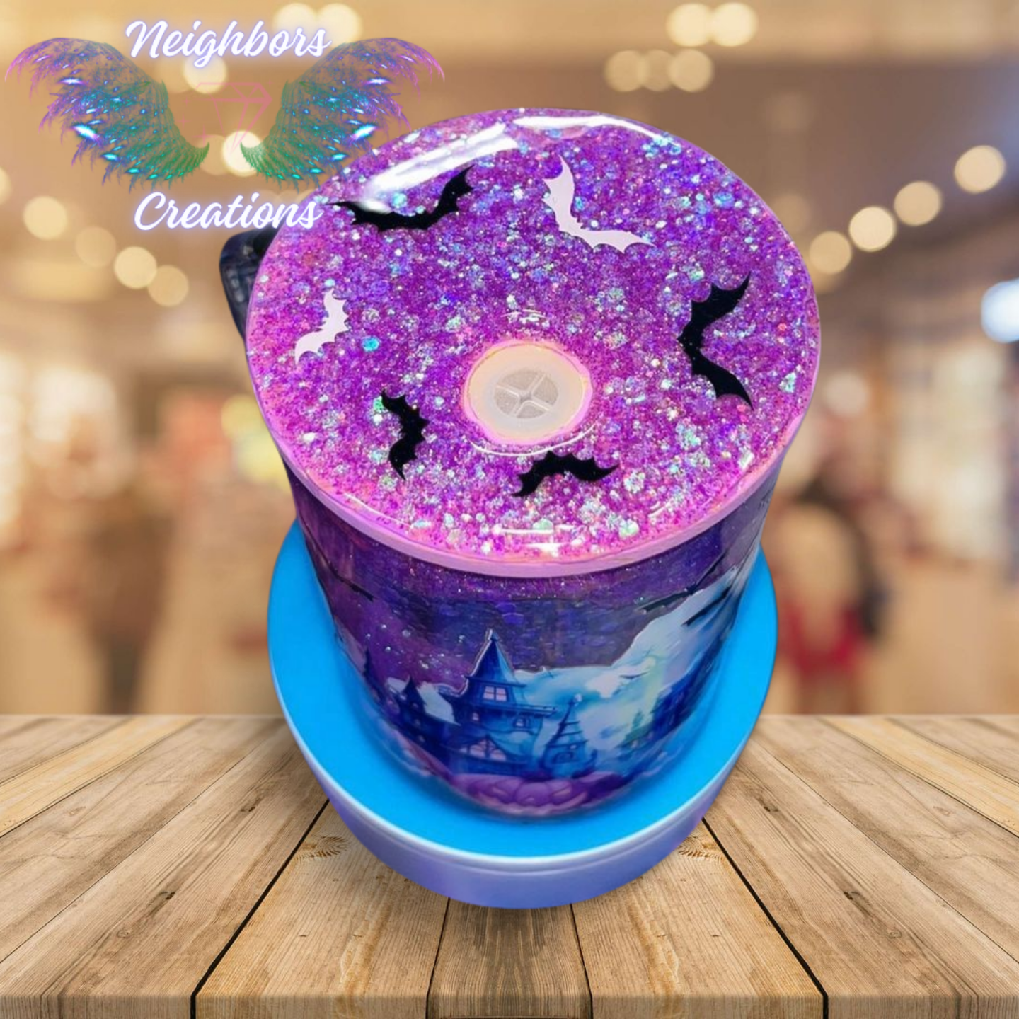 15 OZ Glass Mug With Handle Halloween Spooky Purple Pumpkin Haunted House