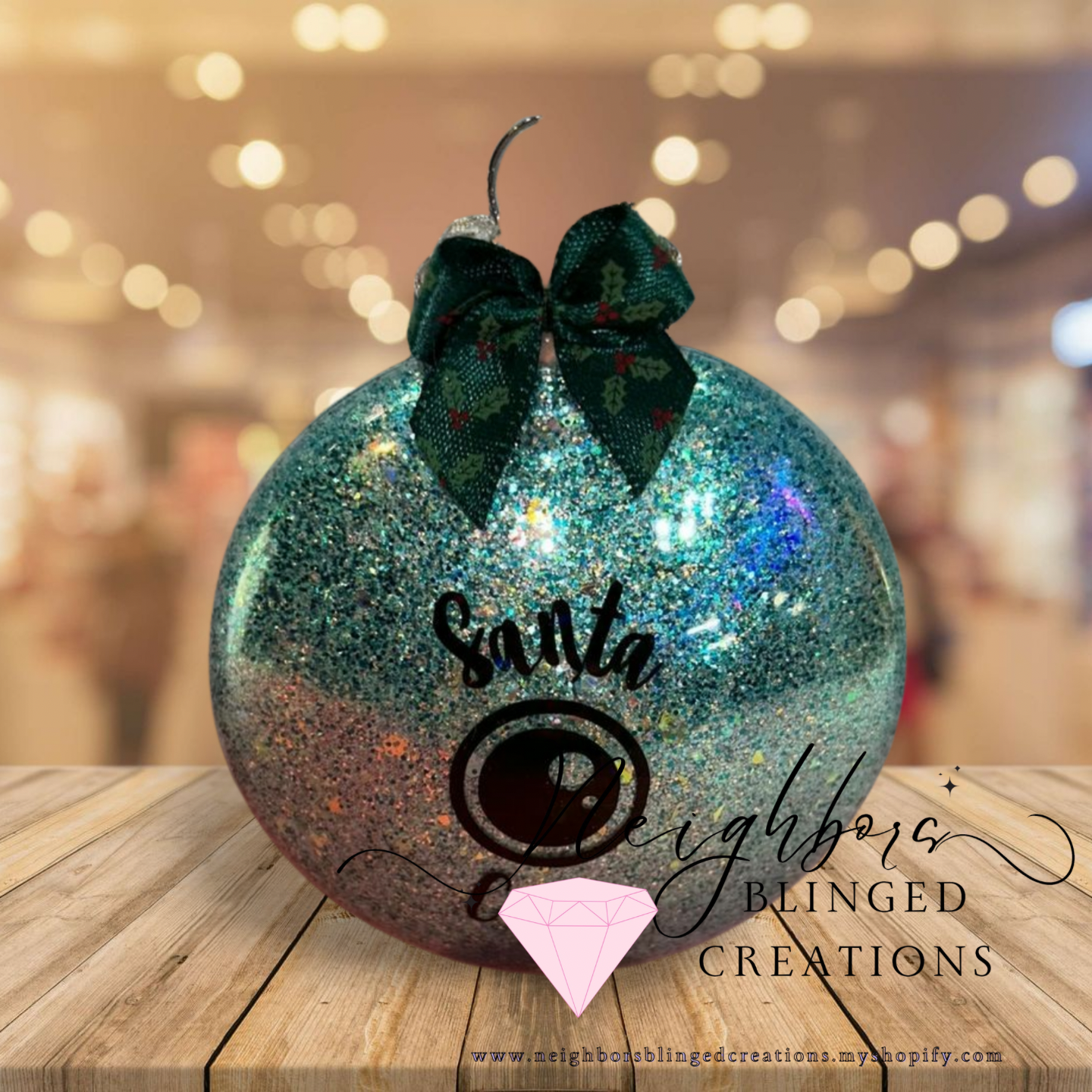 Green glitter SANTA CAM CHRISTMAS ORNAMENT WITH CUSTOM BOW AND RHINESTONE