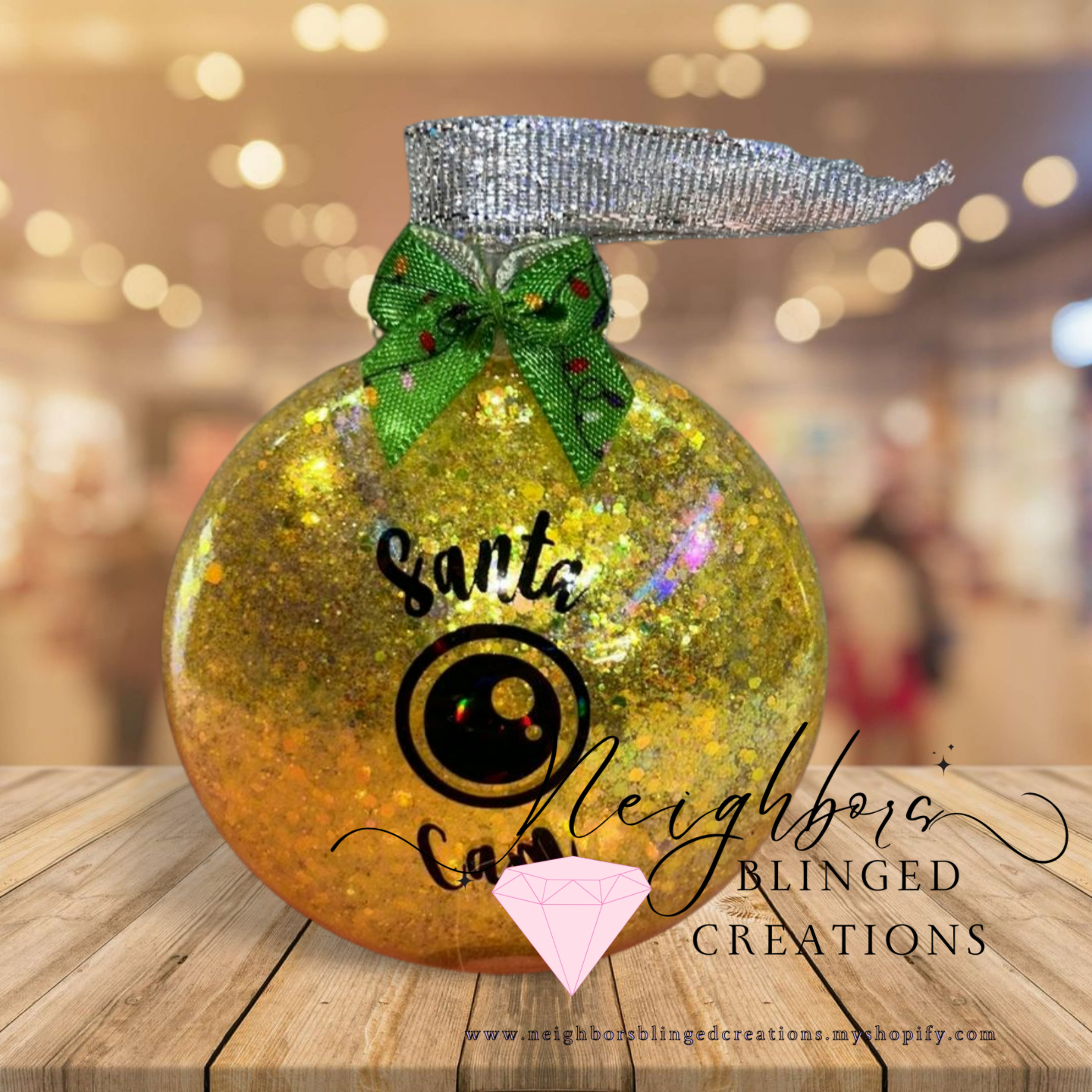 Light Gold glitter SANTA CAM CHRISTMAS ORNAMENT WITH CUSTOM BOW AND RHINESTONE