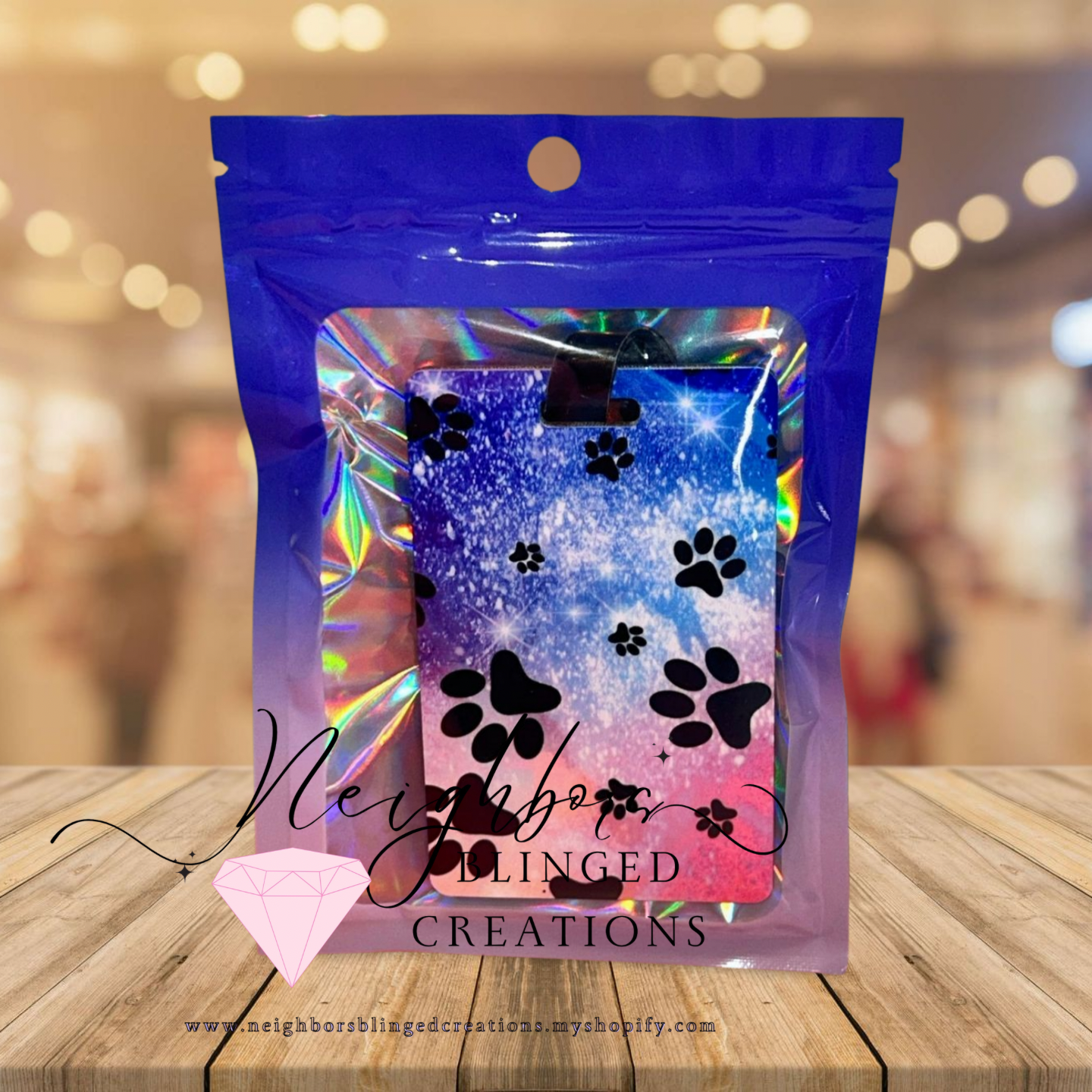 Luggage tag- pink and blue with black paw print