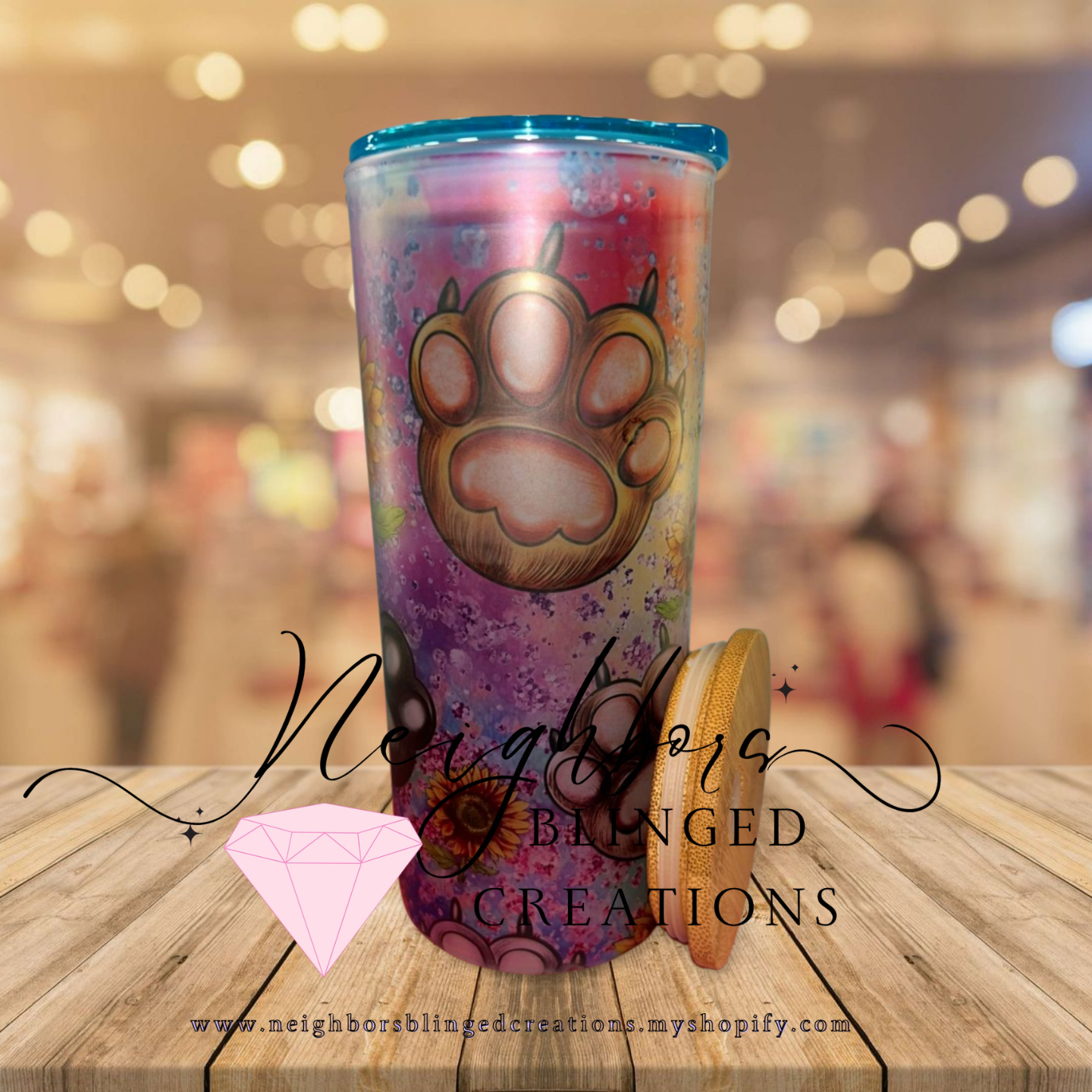 15oz Glass Animal print design cup, comes with two lids and straw