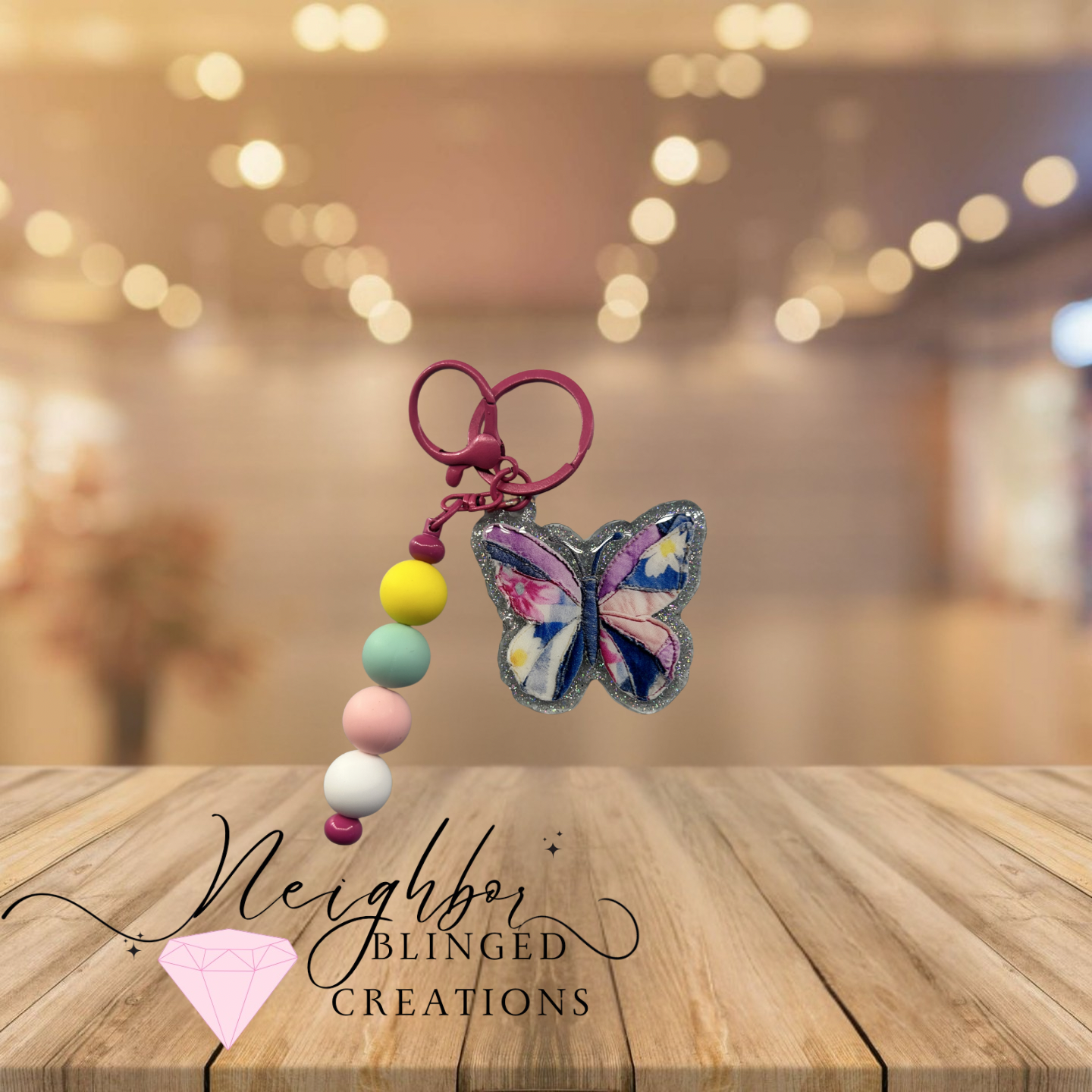 Handmade acrylic keychain - patchwork fabric butterfly with custom beaded keychain decoration