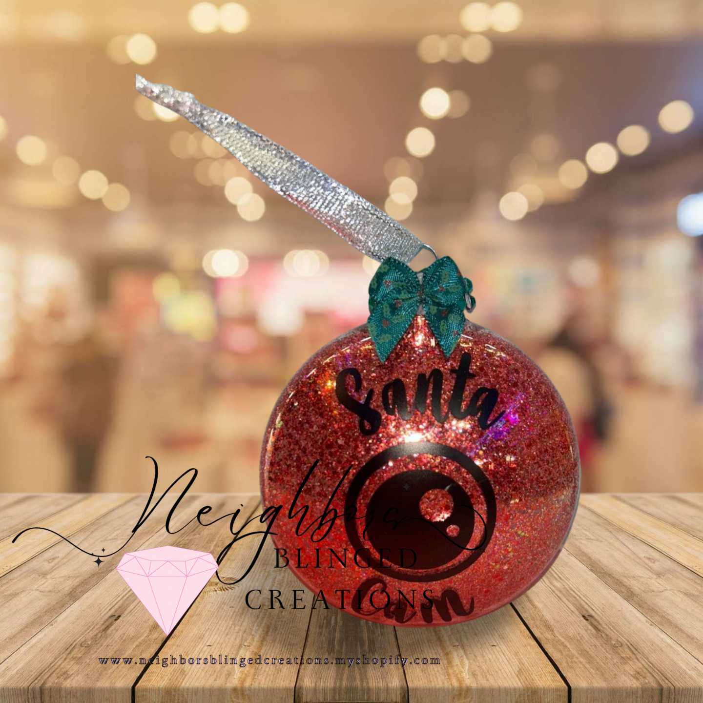 Dark Red glitter SANTA CAM CHRISTMAS ORNAMENT WITH CUSTOM BOW AND RHINESTONE