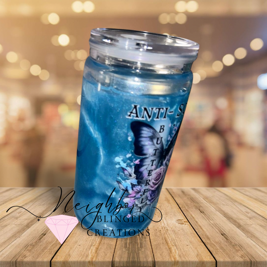 15oz Snowglobe Acrylic Cup with Plastic Acrylic Lid & straw : ANTI SOCIAL BUTTERFLY