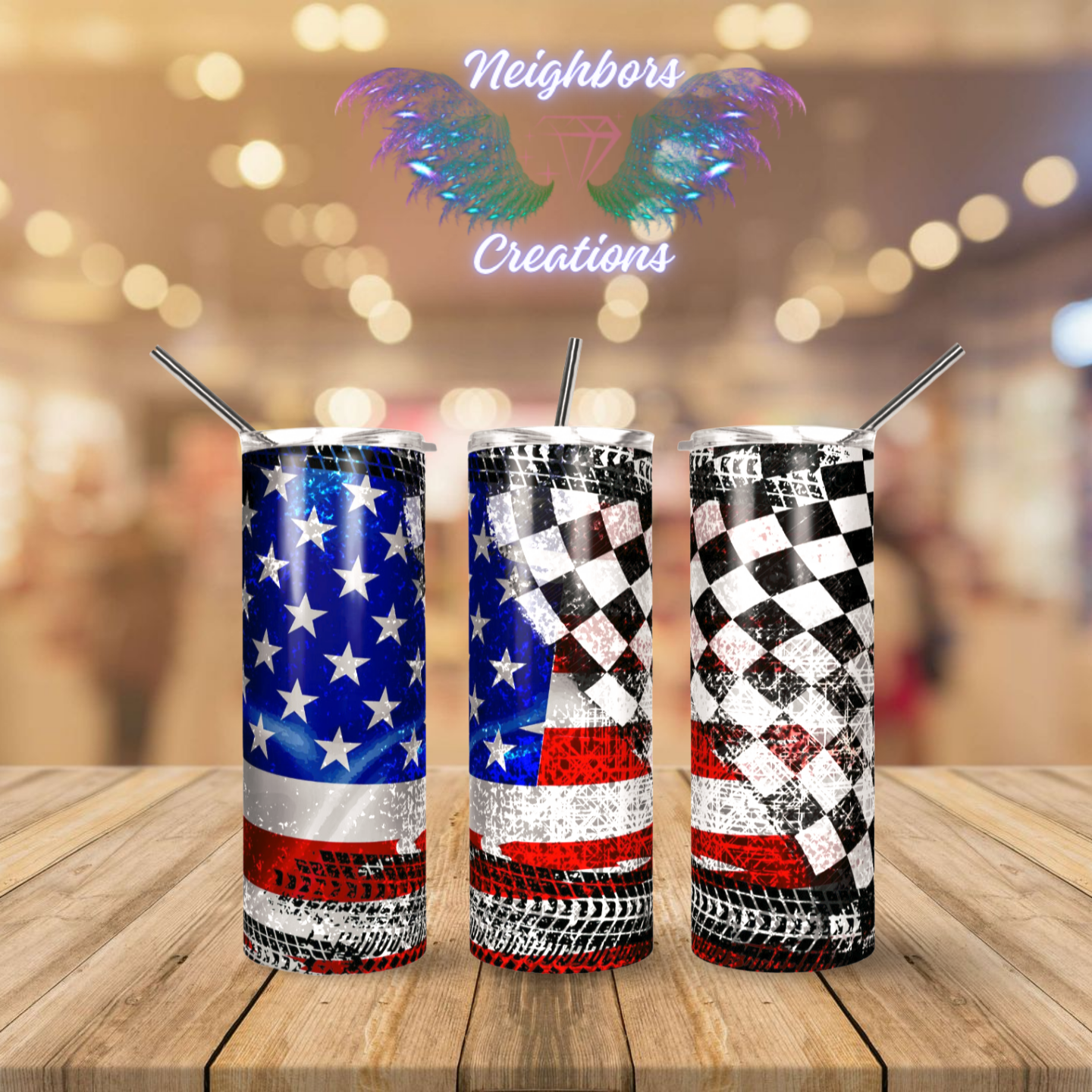 Race Flag With American Flag Sublimated Print For Tumblers