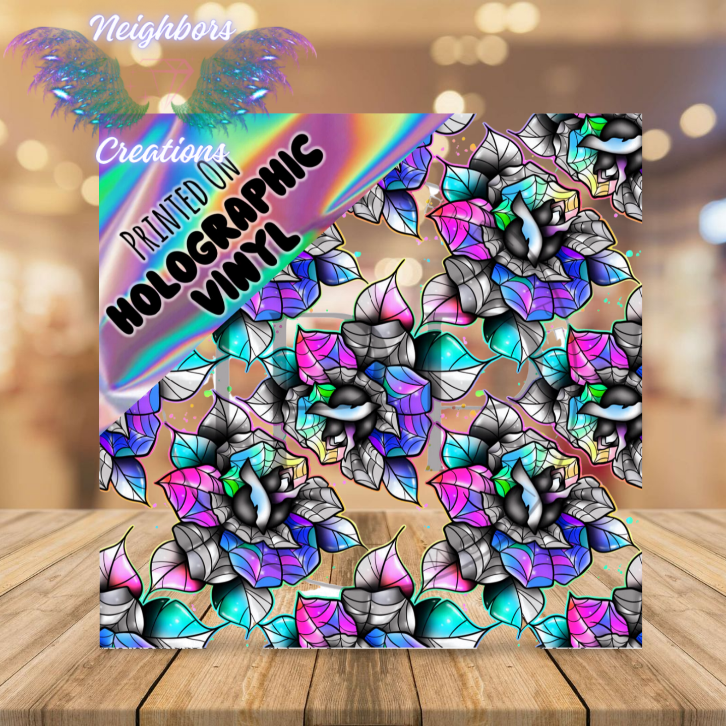 Holographic iridescent, Gothic roses vinyl