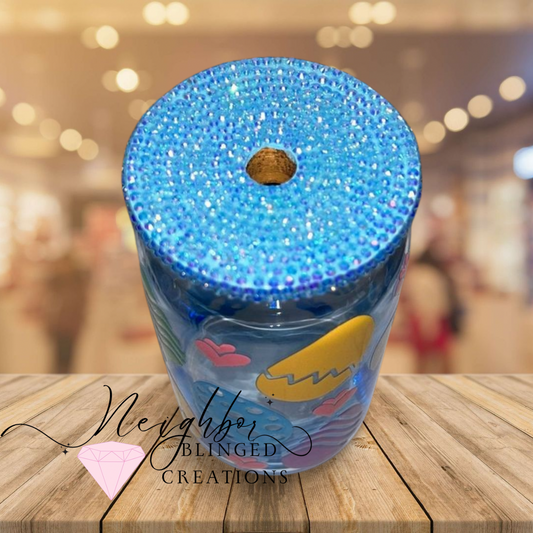 12 oz Blue colored Glass Easter Eggs N hearts w Bedazzled Lid