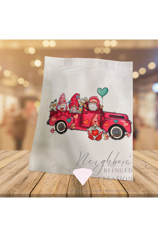 Tote bag- farm truck with valentine gnomes - with custom colored straps that can match any custom design- open to Custom Order’s please send email to inquire
