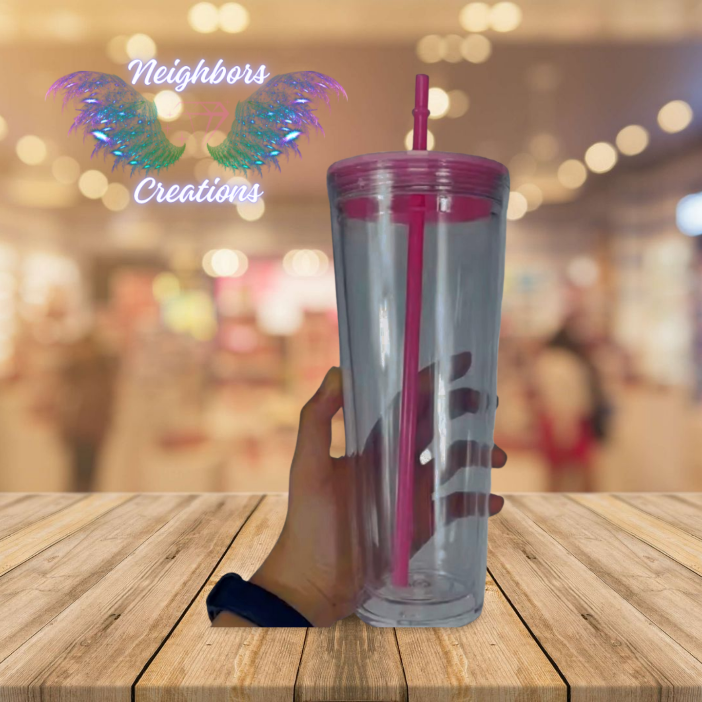 24 OZ Acrylic Snow Globe Tumbler With Pink Lid N Straw - CUSTOM ORDERS ONLY