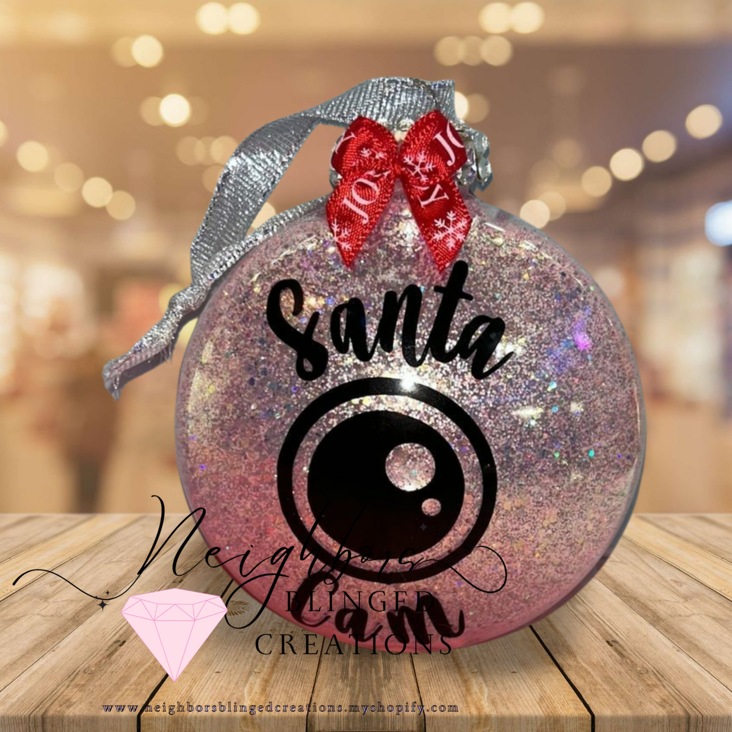 Light Pink glitter SANTA CAM CHRISTMAS ORNAMENT WITH CUSTOM BOW AND RHINESTONE