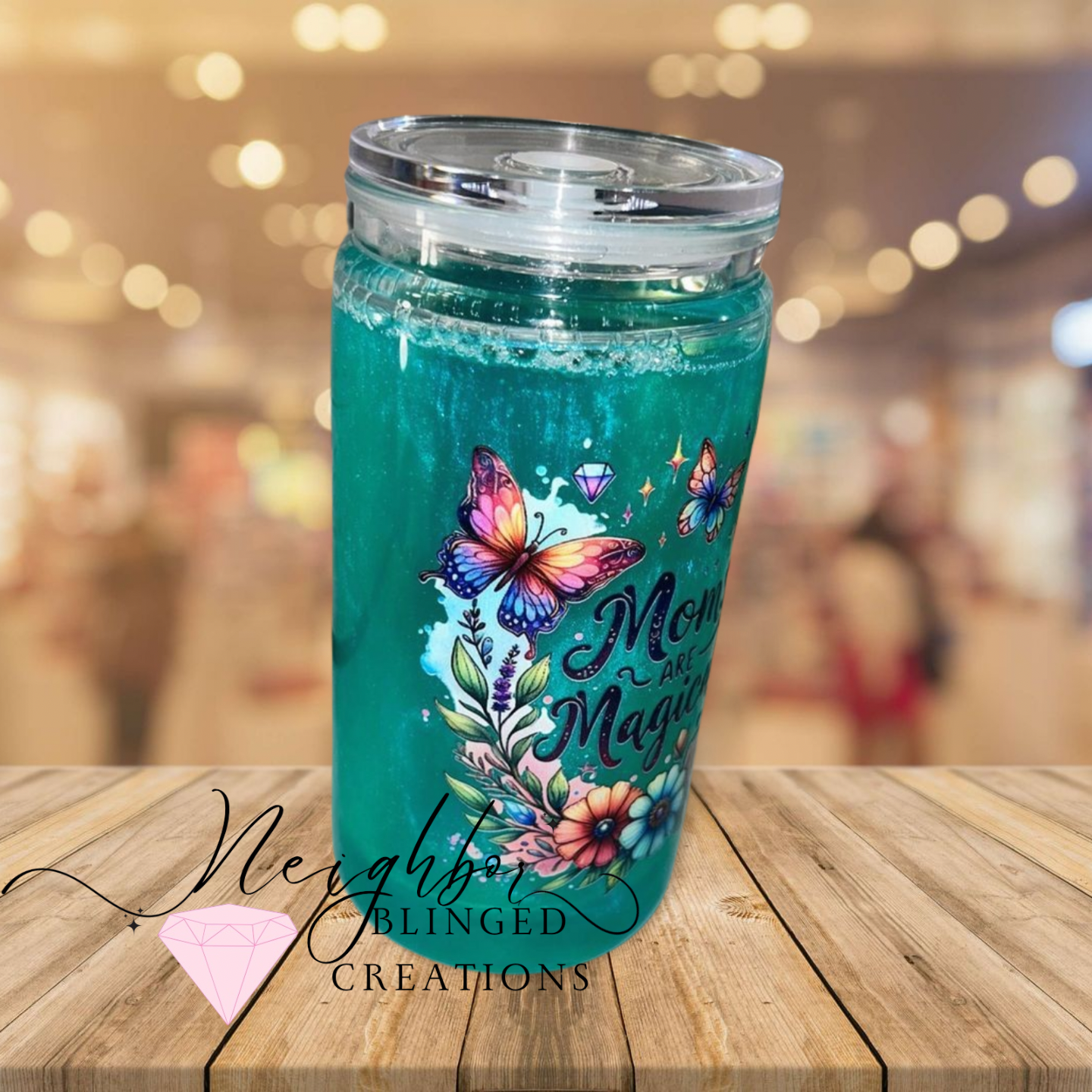 15oz Snowglobe Acrylic cup with Acrylic plastic lid. MOMS ARE MAGICAL