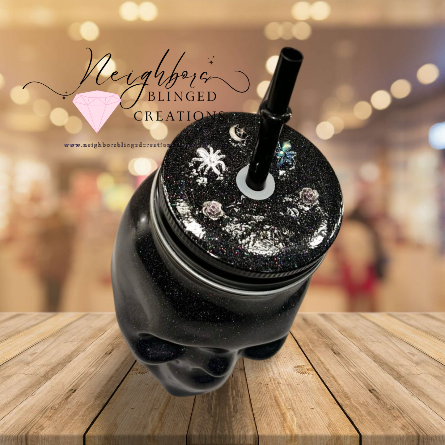 12oz Glass Cup W custom Decal W/Custom Lid Black SKULL