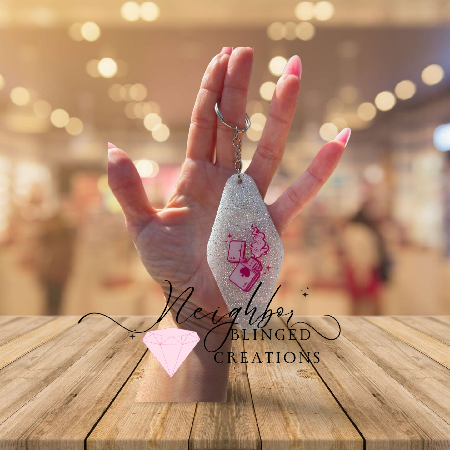 Resin Glittered Keychain- pink design feeling lucky- dice w flames on the other side