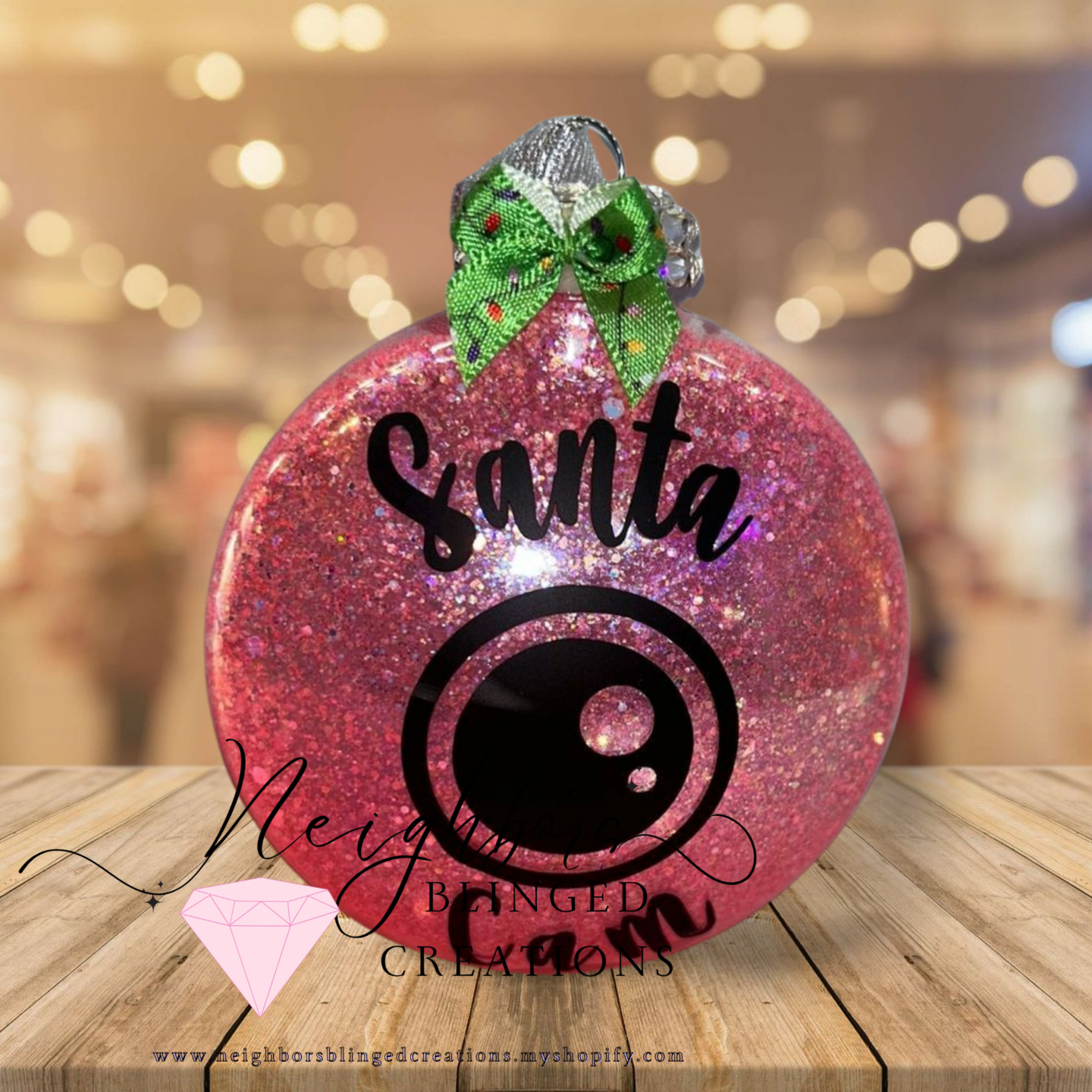 Large round desk, Santa CAM Christmas ornament with custom bow and rhinestones