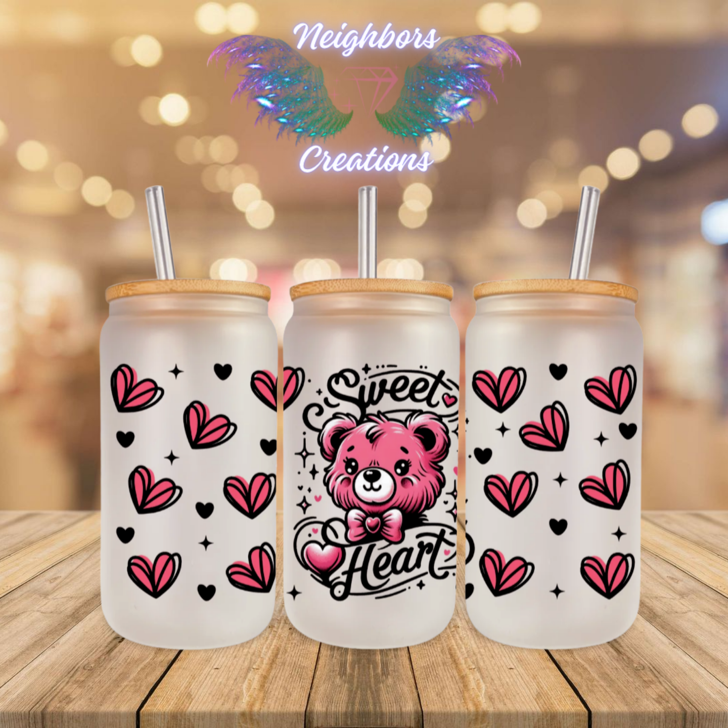 Pink Teddy Bear Sweat Heart UV DTF Wrap