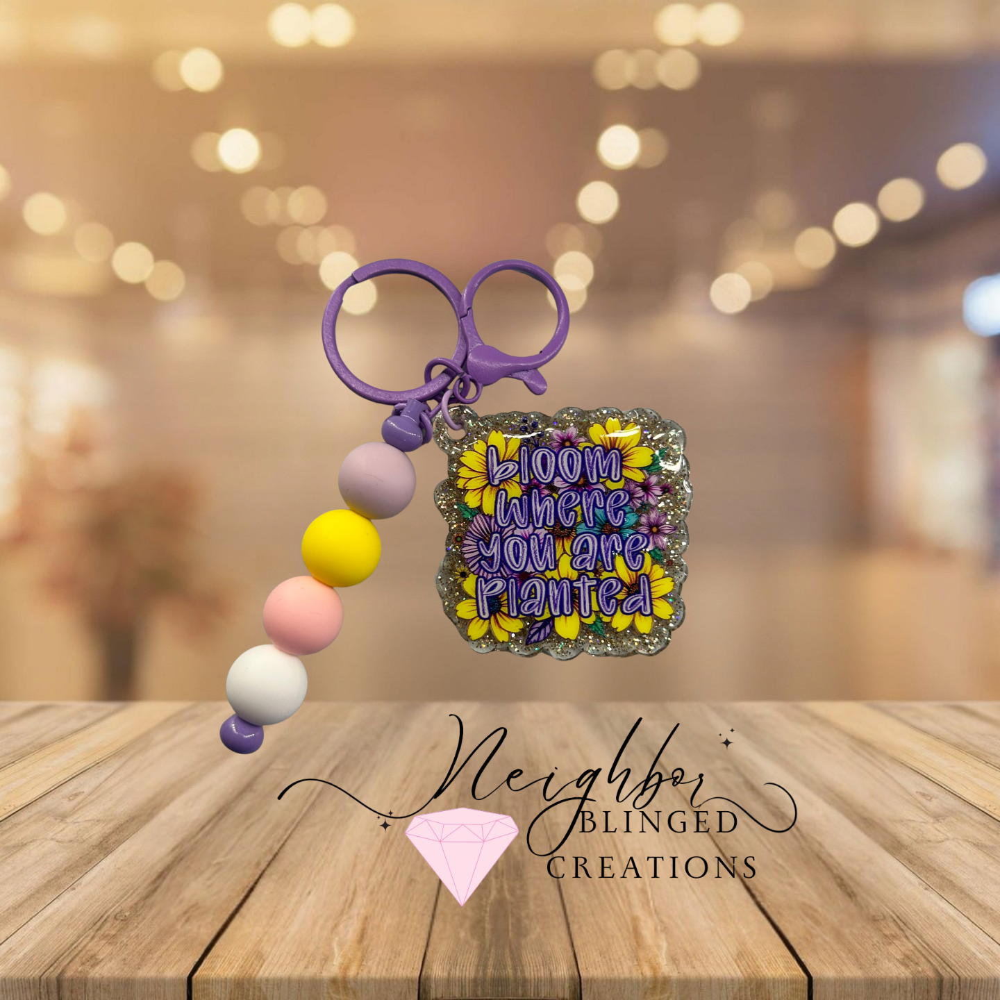 Handmade acrylic keychain with custom beaded decoration- bloom where you are planted