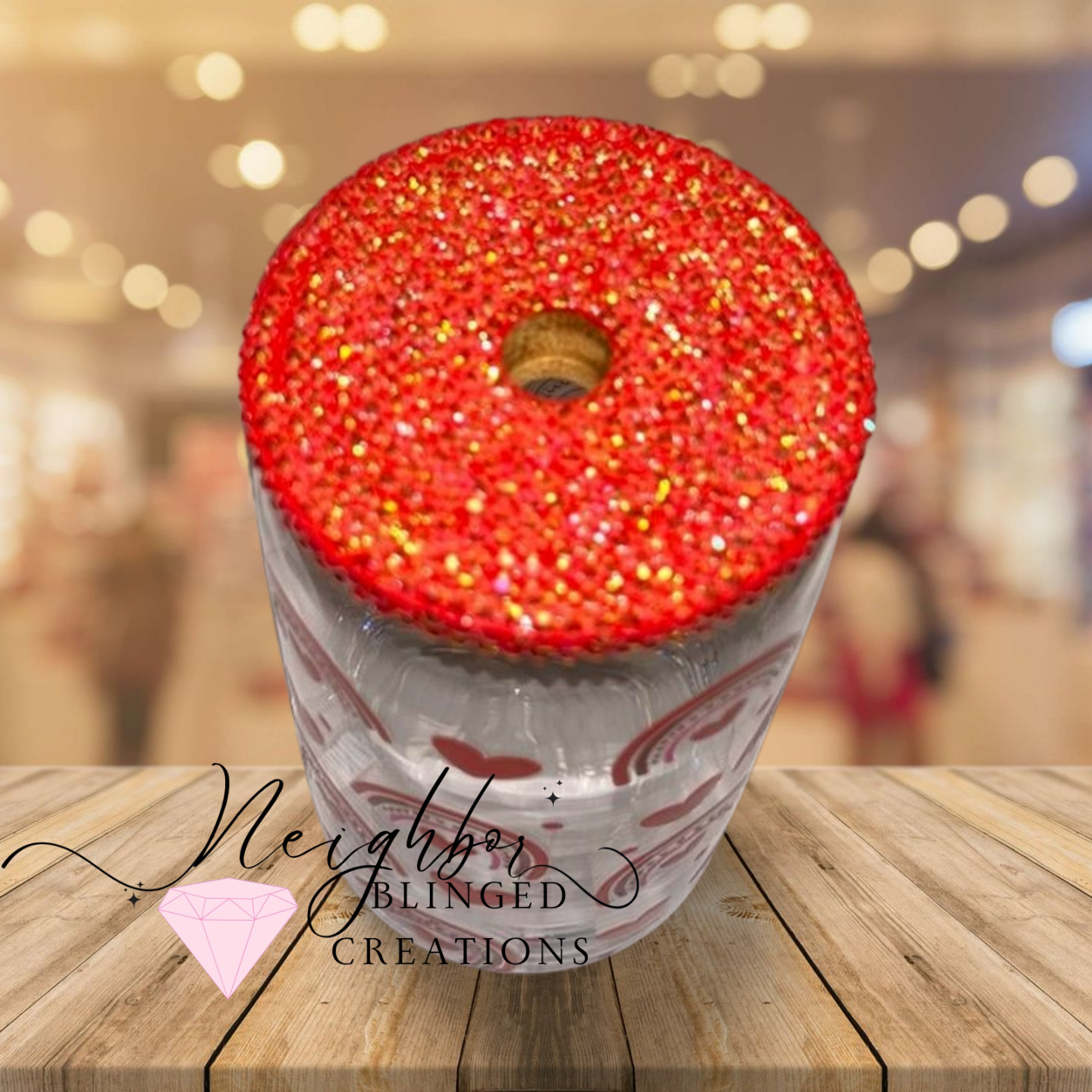 12 oz Glass Valentines Hearts N rainbows w Bedazzled Lid