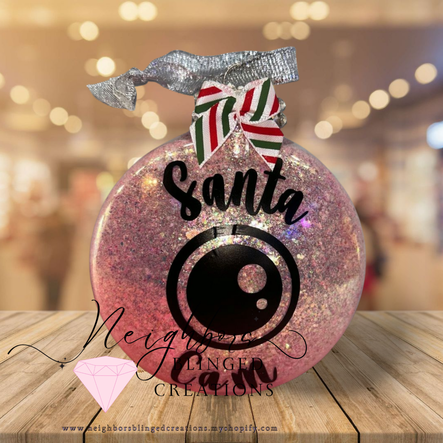 Light Pink glitter SANTA CAM CHRISTMAS ORNAMENT WITH CUSTOM BOW AND RHINESTONE