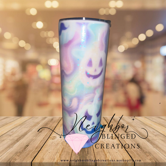 Handcrafted 20 ounce stainless steel holographic spooky swirl ghost Tumblr ￼