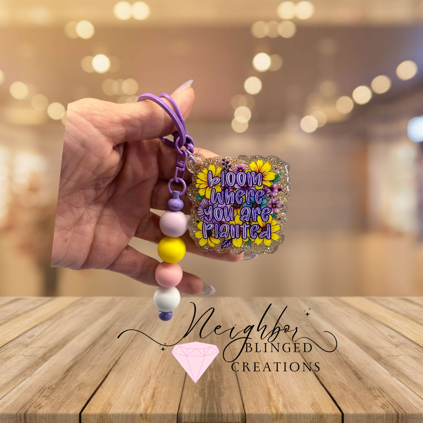 Handmade acrylic keychain with custom beaded decoration- bloom where you are planted
