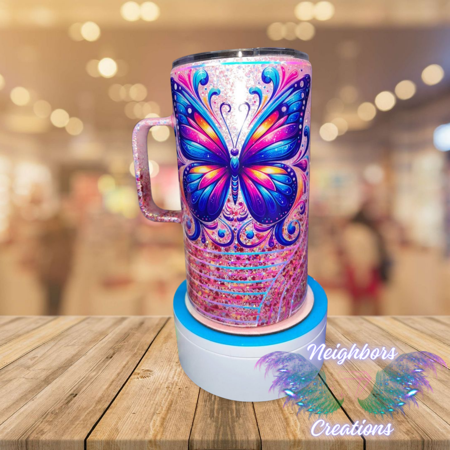 #19 - 15OZ Glittered Butterfly DBLE Wall Stainless Steel Mug With Handle