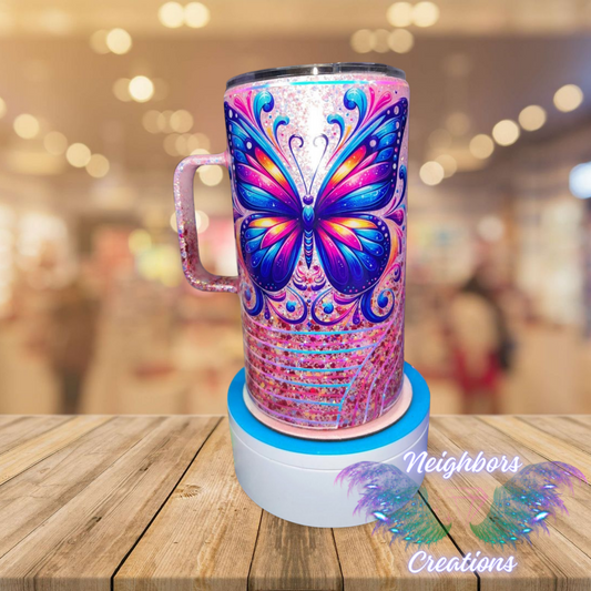 #19 - 15OZ Glittered Butterfly DBLE Wall Stainless Steel Mug With Handle