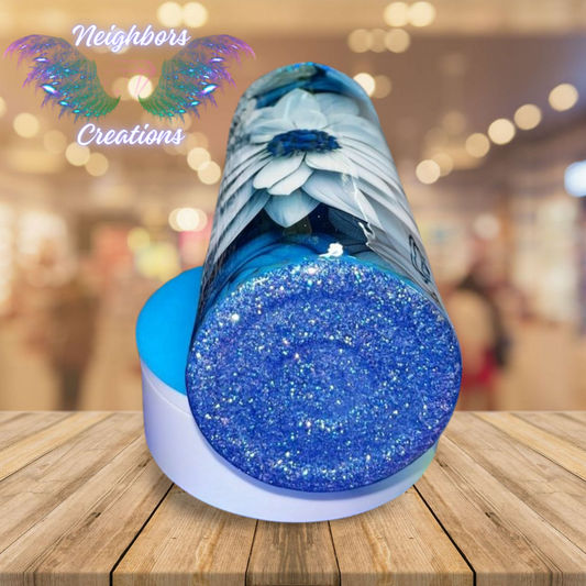 20 OZ Blue Floral Glittered V Split DBL INS Tumbler