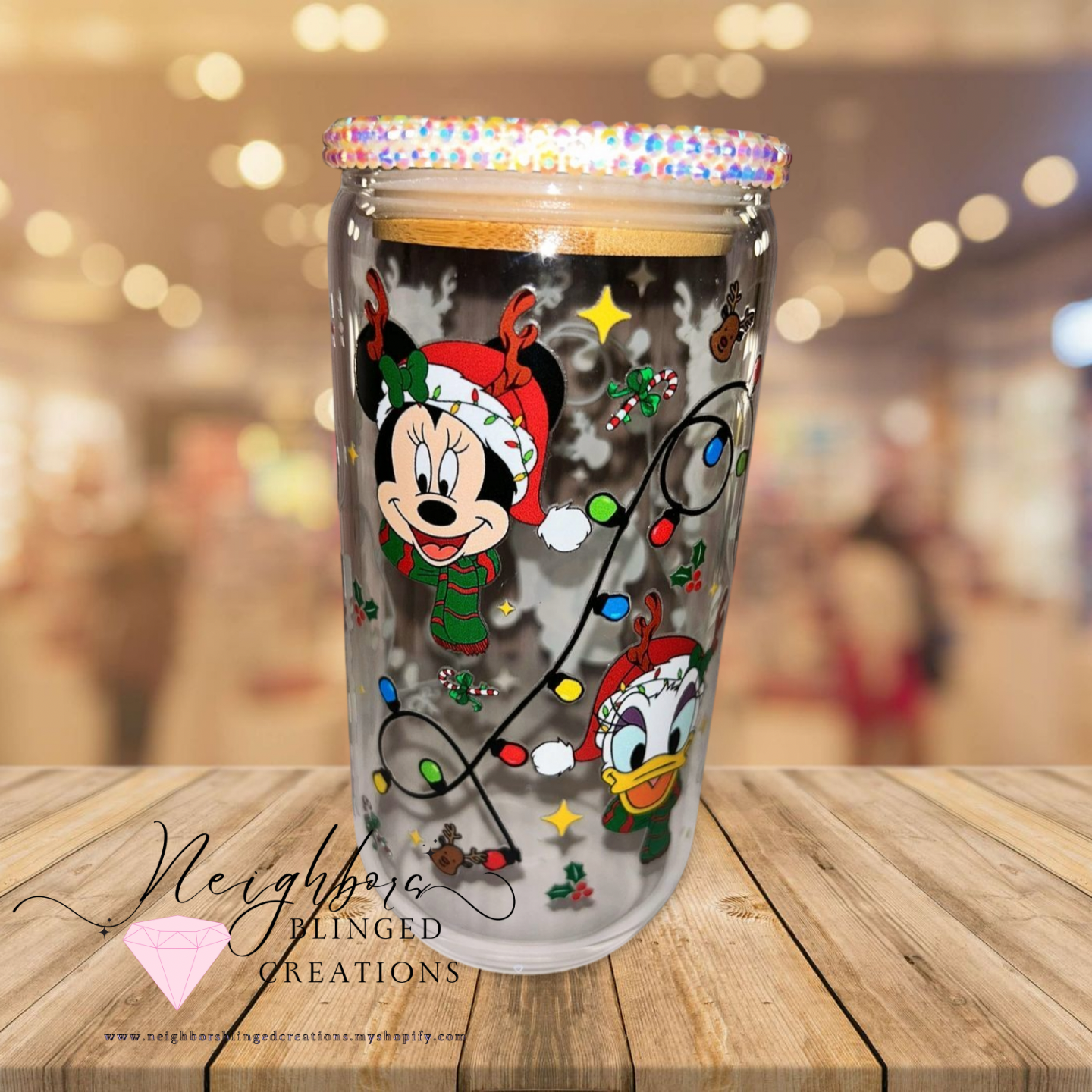 12oz Glass Christmas Edition Cup W/ custom bedazzled lid