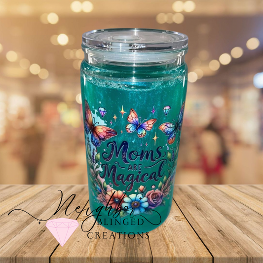 15oz Snowglobe Acrylic cup with Acrylic plastic lid. MOMS ARE MAGICAL