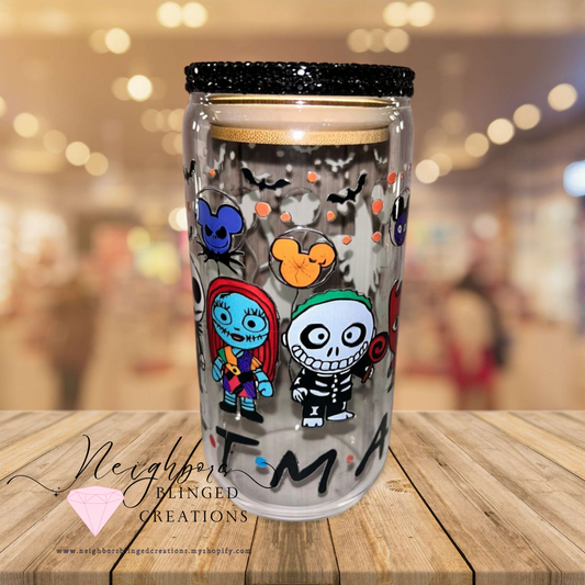 12oz Glass Cup Hallowen Edition W Custom Black Rhinestoned lid