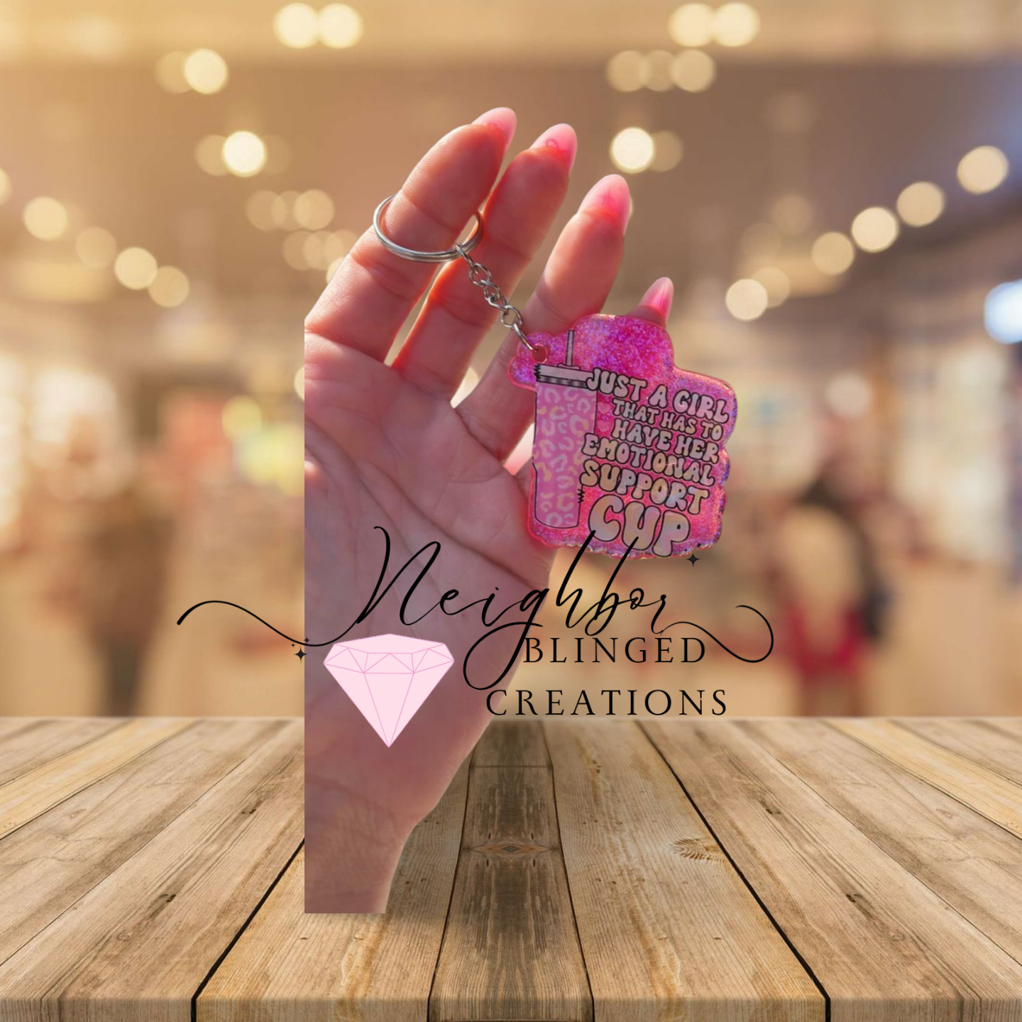 Acrylic Glittered Pink - Just A Girl that has to have her Emotional Support Cup Keychain
