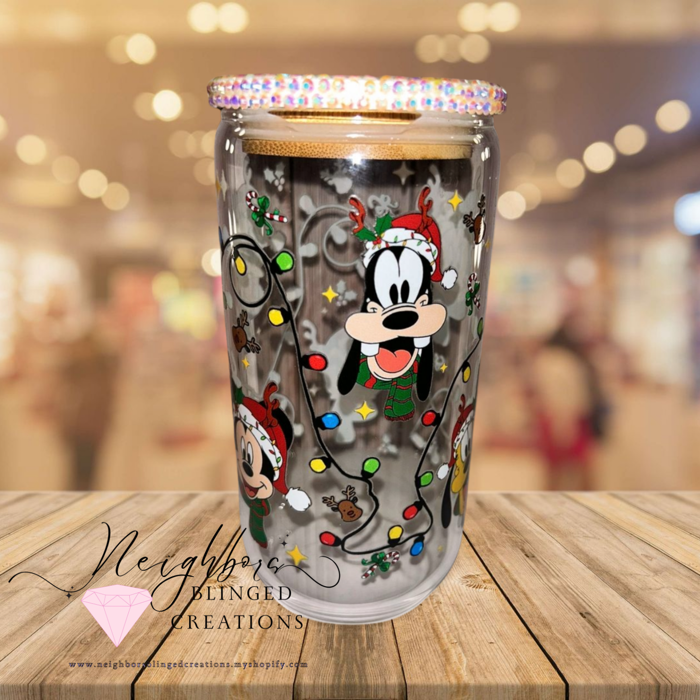 12oz Glass Christmas Edition Cup W/ custom bedazzled lid