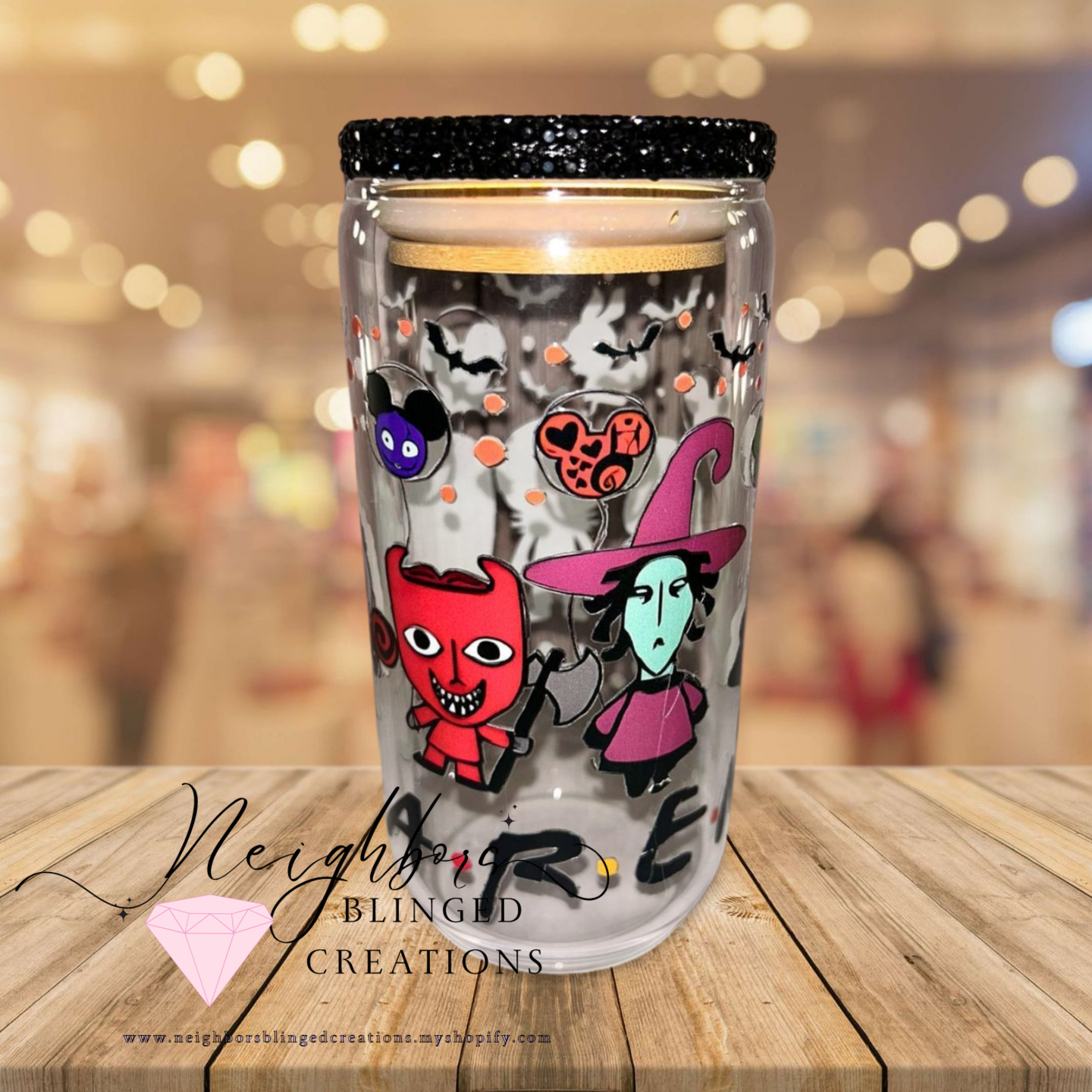 12oz Glass Cup Hallowen Edition W Custom Black Rhinestoned lid