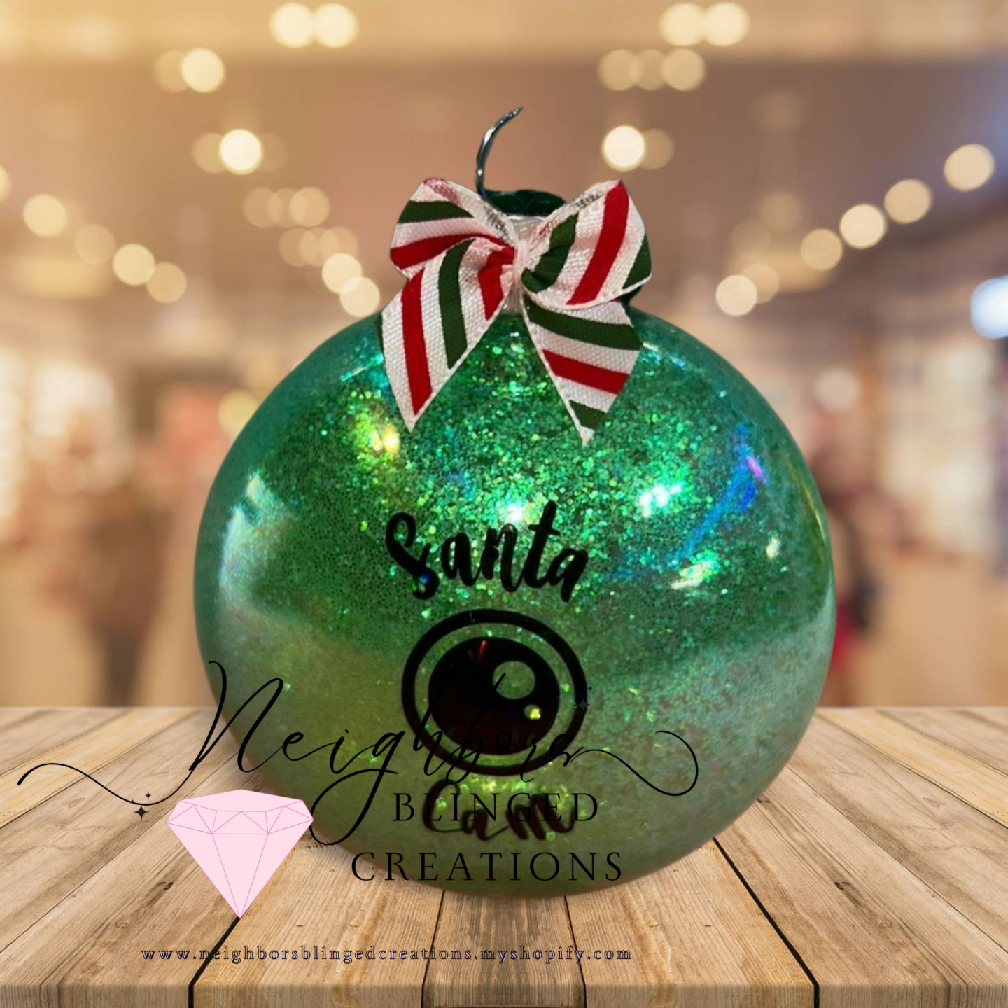 Light green glitter SANTA CAM CHRISTMAS ORNAMENT WITH CUSTOM BOW AND RHINESTONE
