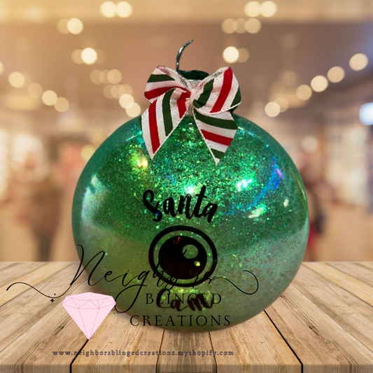 Light green glitter SANTA CAM CHRISTMAS ORNAMENT WITH CUSTOM BOW AND RHINESTONE