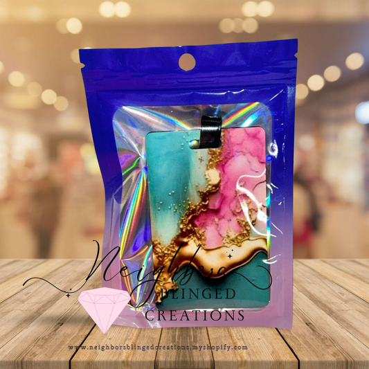 Luggage tag- gold, pink and teal marble watercolor