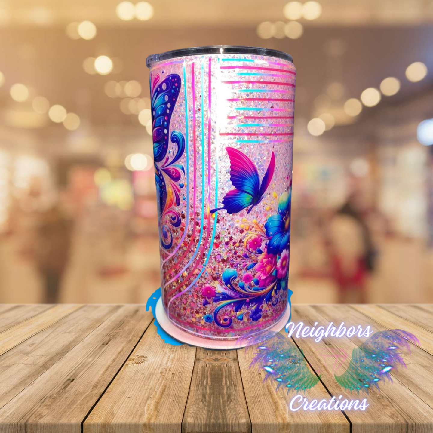 #19 - 15OZ Glittered Butterfly DBLE Wall Stainless Steel Mug With Handle