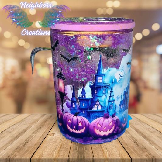 15 OZ Glass Mug With Handle Halloween Spooky Purple Pumpkin Haunted House