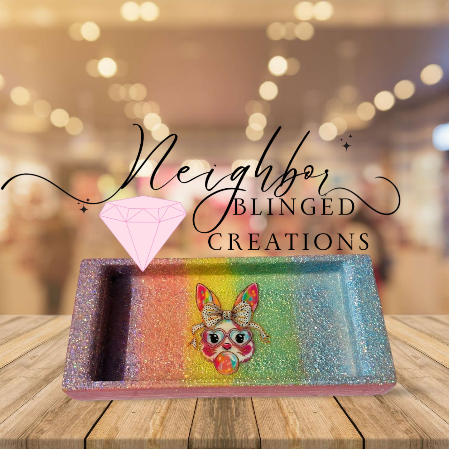 Easter Bunny Themed Wooden Tray With Colorful Spring Glitter