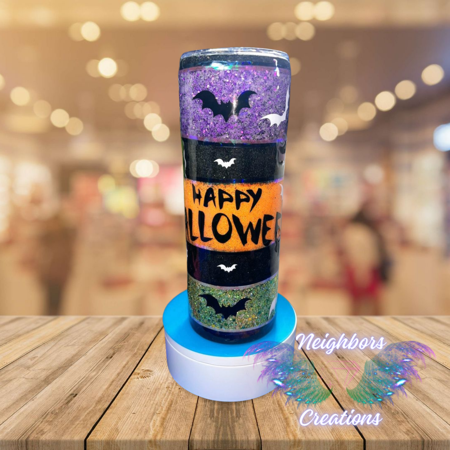 20 OZ DBL INS - Purple, Orange N Green - Colored Glittered Happy Halloween Bats Tumbler