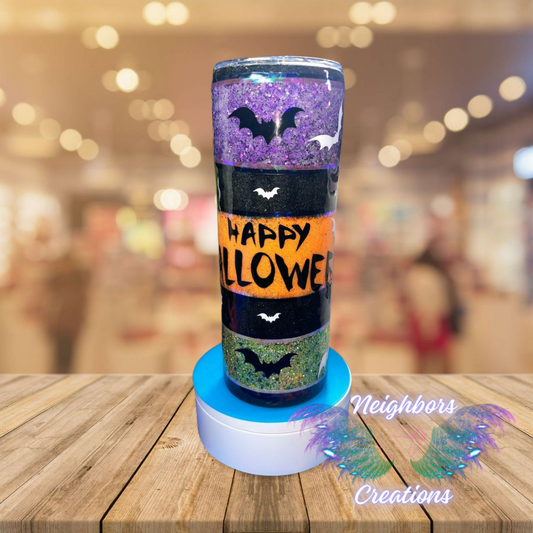 20 OZ DBL INS - Purple, Orange N Green - Colored Glittered Happy Halloween Bats Tumbler