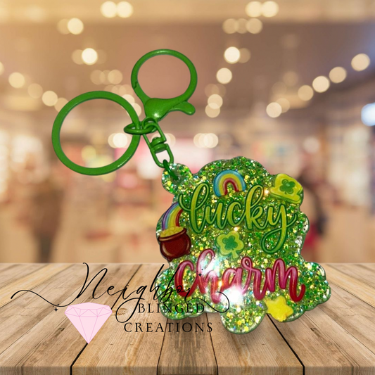 Handmade - Green Glow - Lucky Charm w/ rainbow and pot of Gold- Acrylic keychain