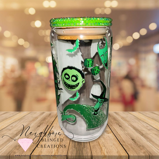 12oz Glass Neon Green Halloween Edition W/Custom bedazzled lid