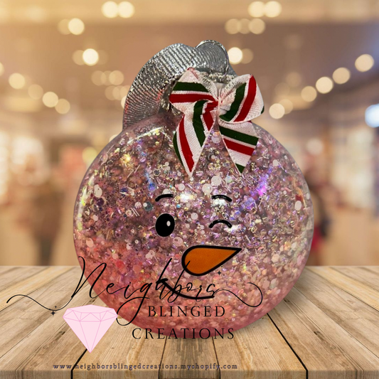 Pink mixed glitter Snowman CHRISTMAS ORNAMENT WITH CUSTOM BOW AND RHINESTONE