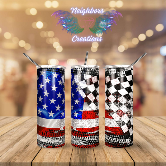 Race Flag With American Flag Sublimated Print For Tumblers