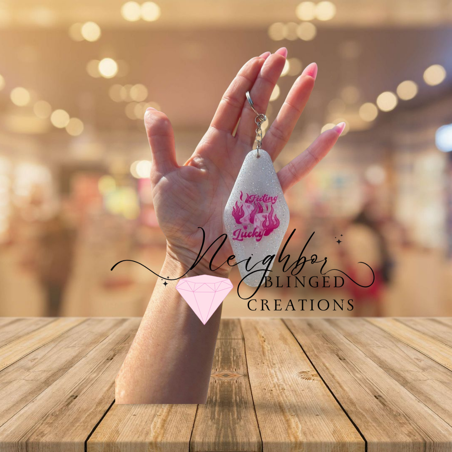 Resin Glittered Keychain- pink design feeling lucky- dice w flames on the other side