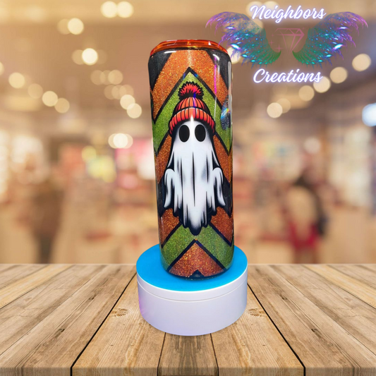 20 OZ Herringbone Glittered Halloween Themed Ghost Tumbler