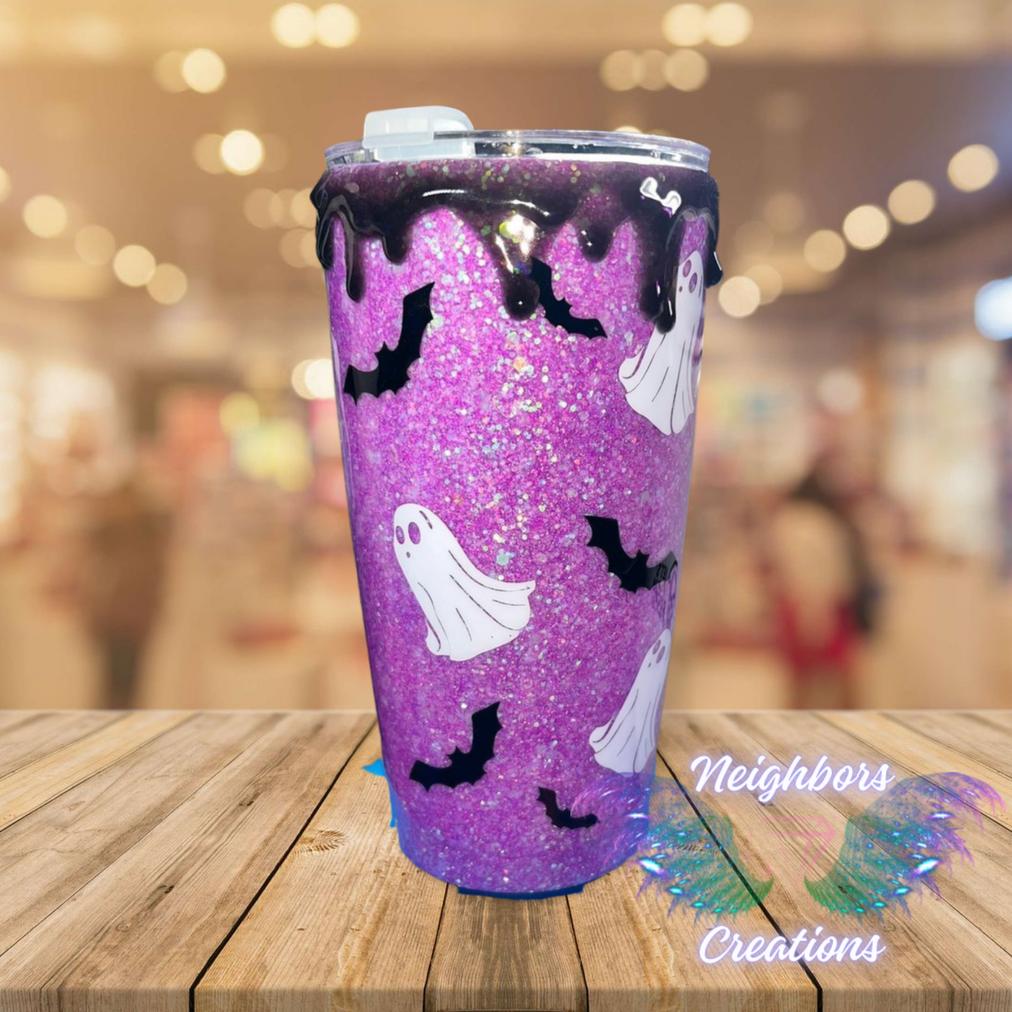 20 OZ DBL INS Purple Glittered Spooky University Bats N Ghosts Custom Hand Made Tumbler