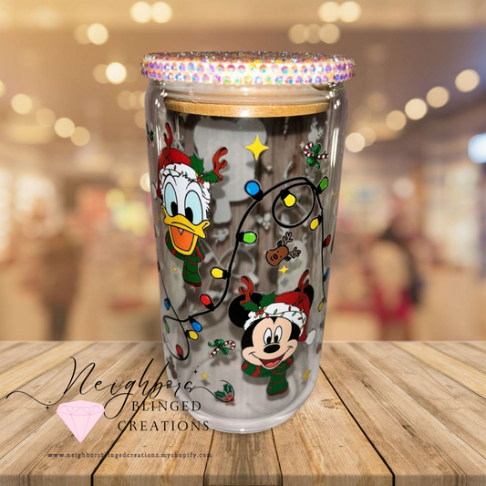 12oz Glass Christmas Edition Cup W/ custom bedazzled lid